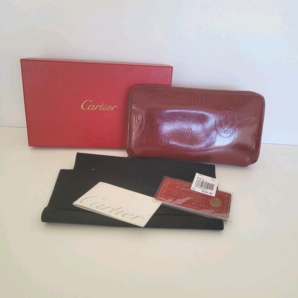 Cartier Happy Birthday Calf Leather Zip Around Wallet Red Bordeaux Large Box - Picture 1 of 12